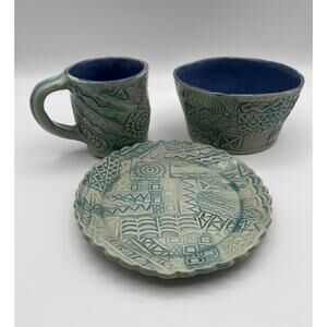 Handmade Art Pottery Blue Child’s Dinner Set Plate Bowl & Mug Artist Signed